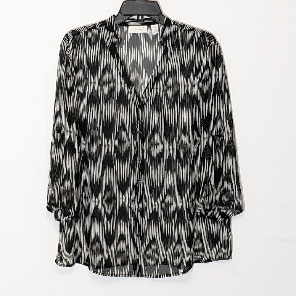 Women's "Chico's" Black/White Sheer Chiffon; 3/4 Sleeved Tunic; Size M
